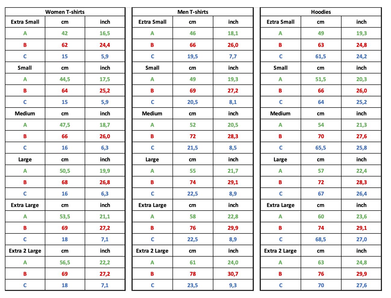 Detailed size guide for Swakiko T-shirts